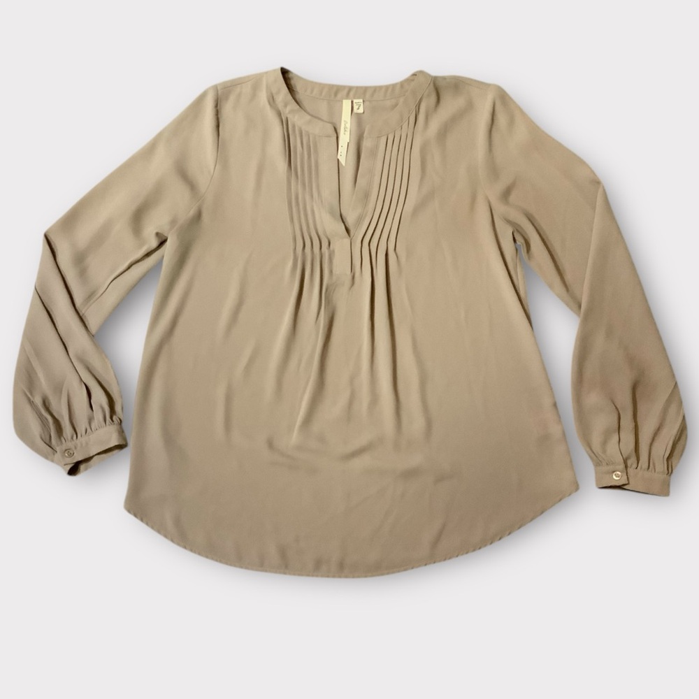 Bellatrix Chiffon Long Sleeve Taupe Pleated Front Blouse Size Small #213
